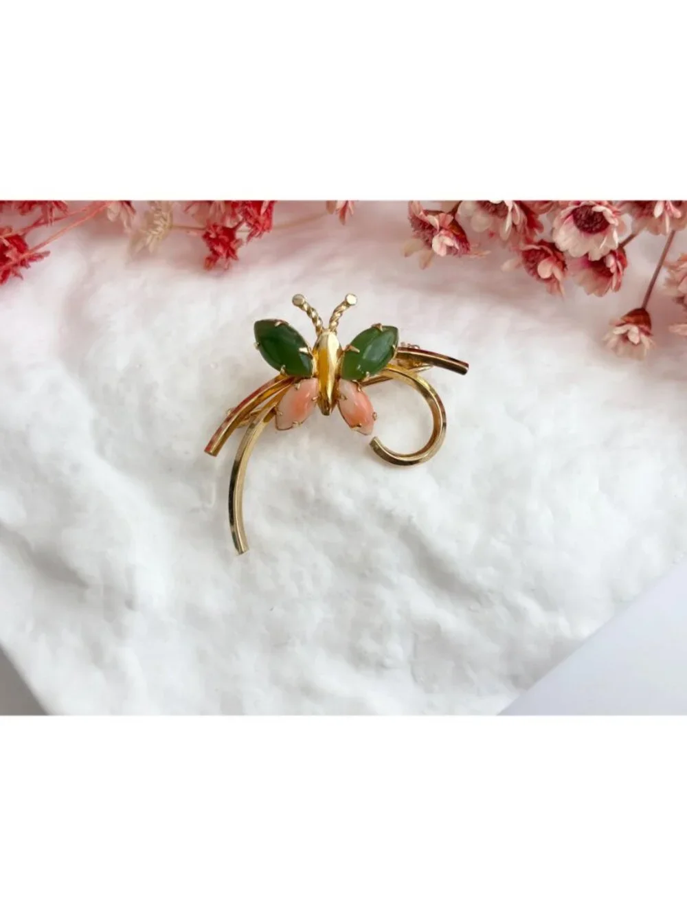 12k Gold Filled Carl Art Butterfly Figural Coral & Jade Vintage Brooch Pin